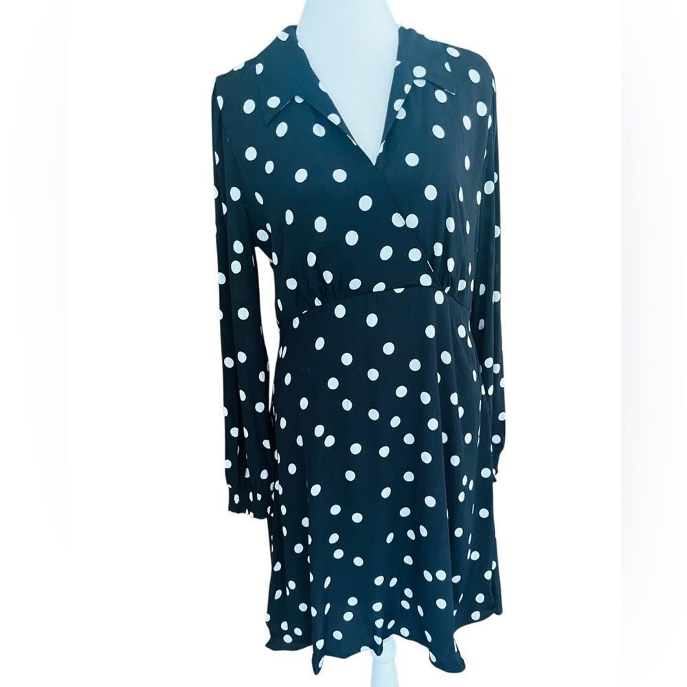 New with tags ON•34th Black and Cream Polka Dot faux wrap fit & flare dress sz 8